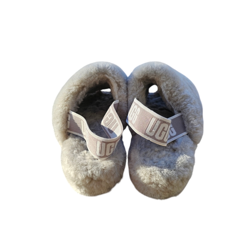 Ugg Fluff Yeah Slides Size 8 Gray Slippers Fuzzy Logo Women’s UGG Gray White - Picture 5 of 5